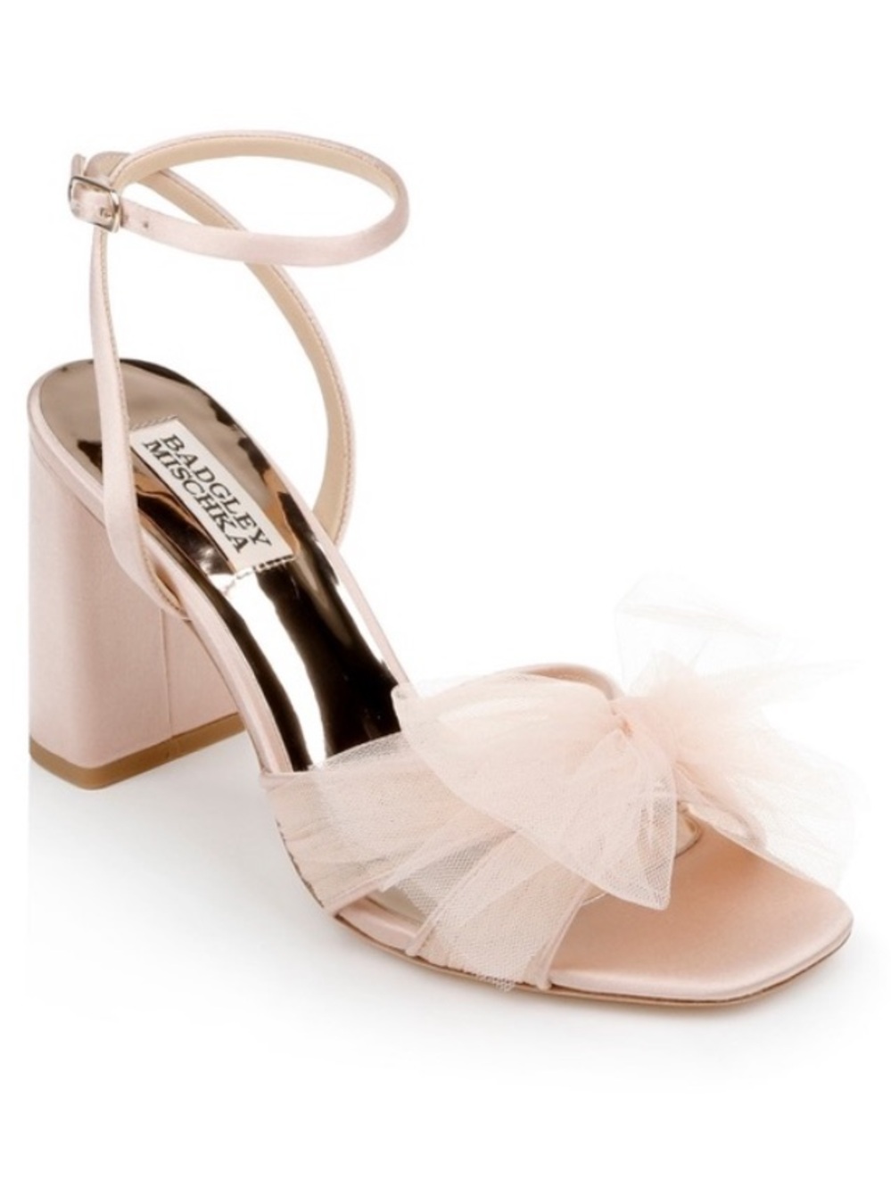 Badgley Mischka Blush Tulle Bow Ankle-Strap Block Heel Sandal